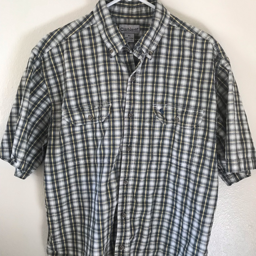 Men’s Carhartt multicolored plaid all cotton button up casual s/s shirt Sz XL